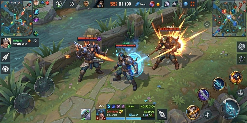 Gameplay seru 55RT dengan aksi MOBA yang intens.