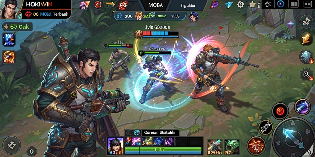 Screenshot HOKIWIN menampilkan aksi gameplay MOBA yang menegangkan.