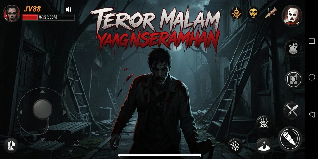 Screenshot gameplay JV88 yang menampilkan suasana horror yang mencekam.