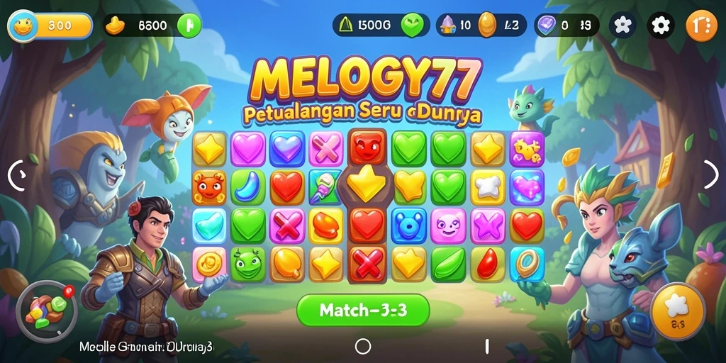 Tampak serunya gameplay Match-3 di MELODY77 dengan warna-warni yang menarik.