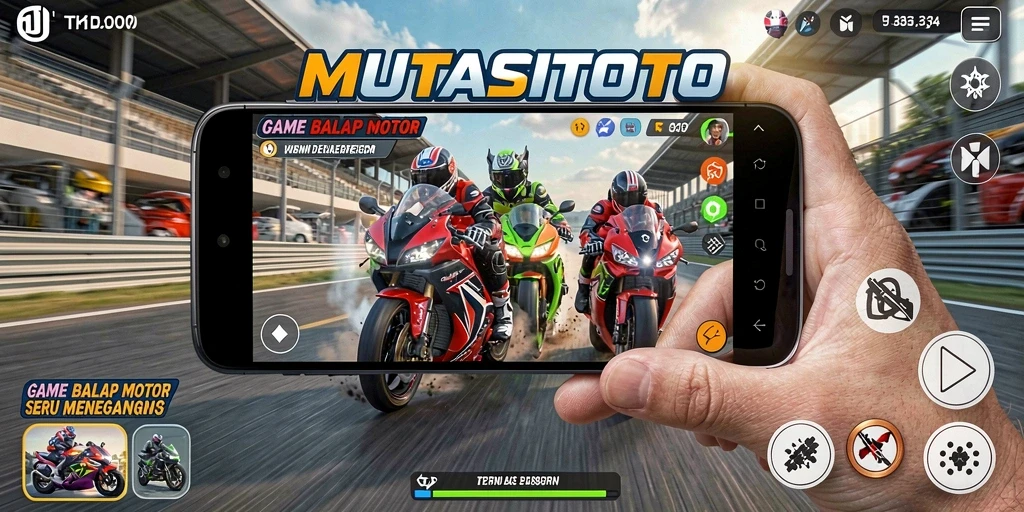 Tampilan gameplay menegangkan dalam MUTASITOTO dengan sepeda motor balap.